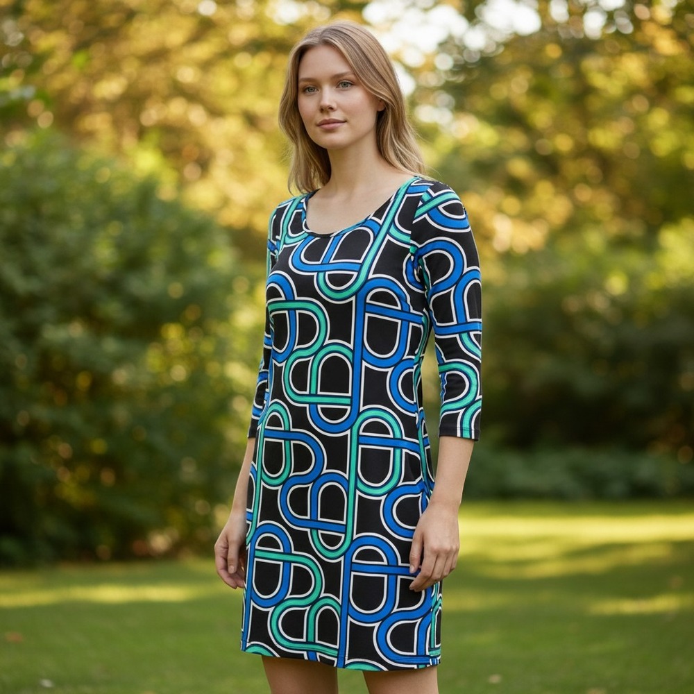 Versona Womens Geometric Link Print Sheath Dress Blue Green 3/4 Sleeve Size M